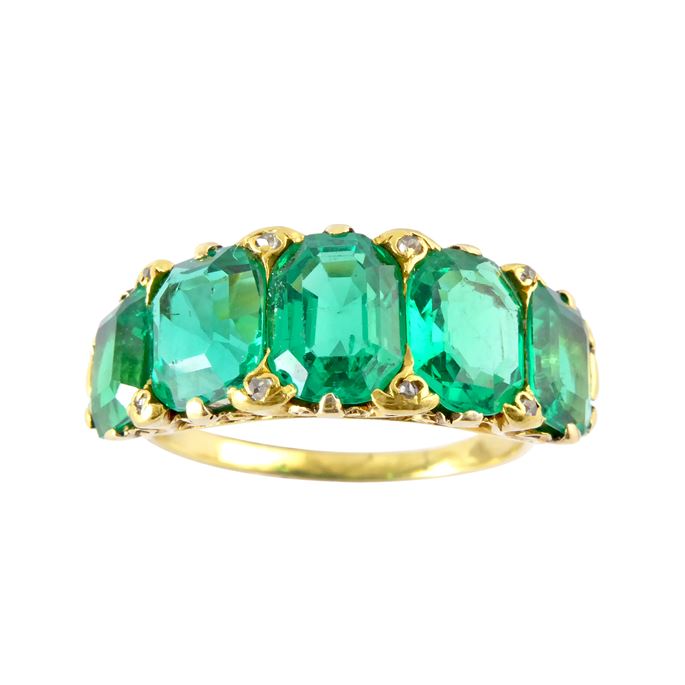 Antique five stone emerald and gold ring, c.1890, with graduated Colombian stones of emerald cut, | MasterArt